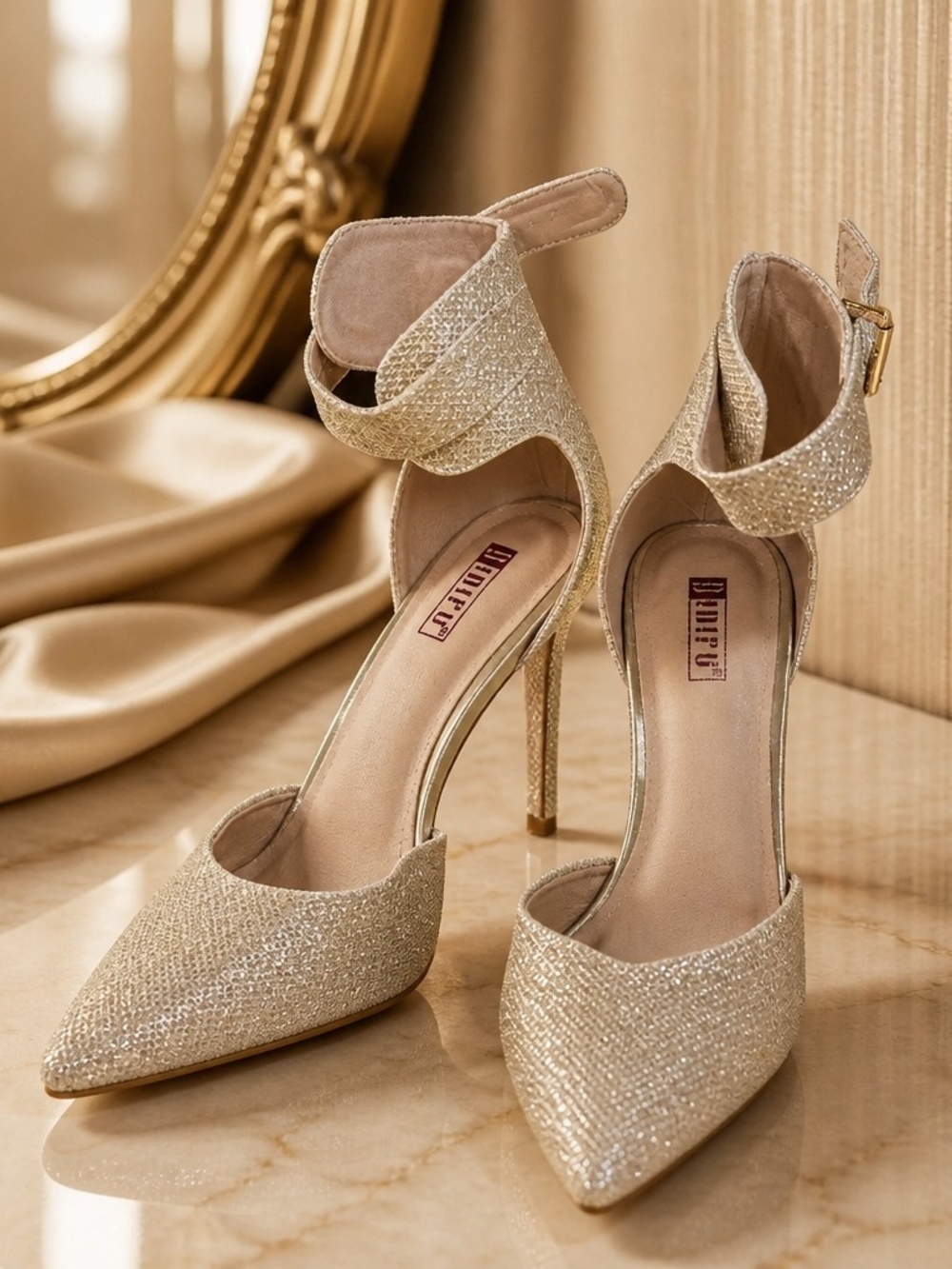 Glitter Ankle-Strap Pointed-Toe Heels in Gold